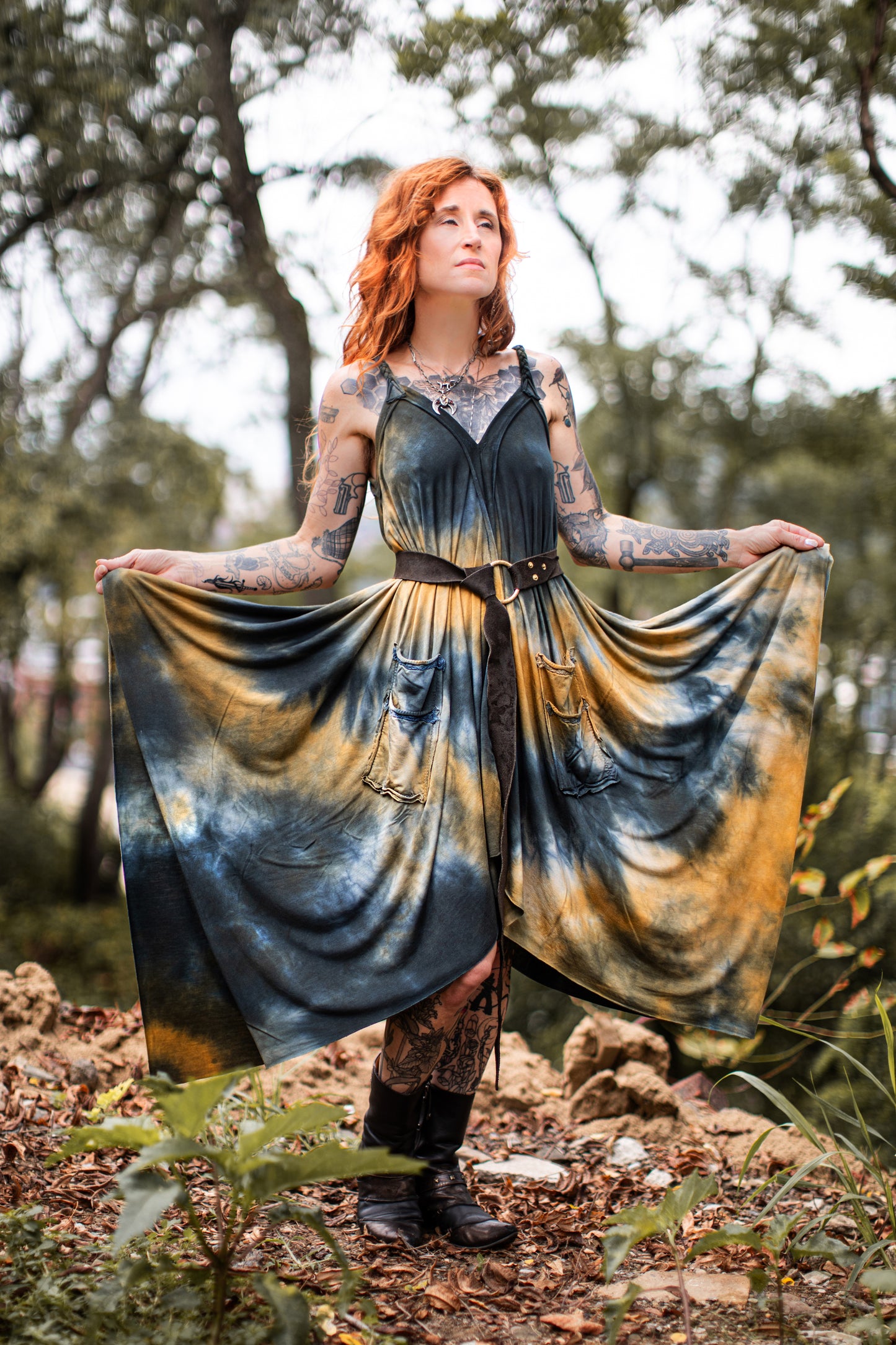 Adventuring Dress Tencel and Lace Pyrite colorway