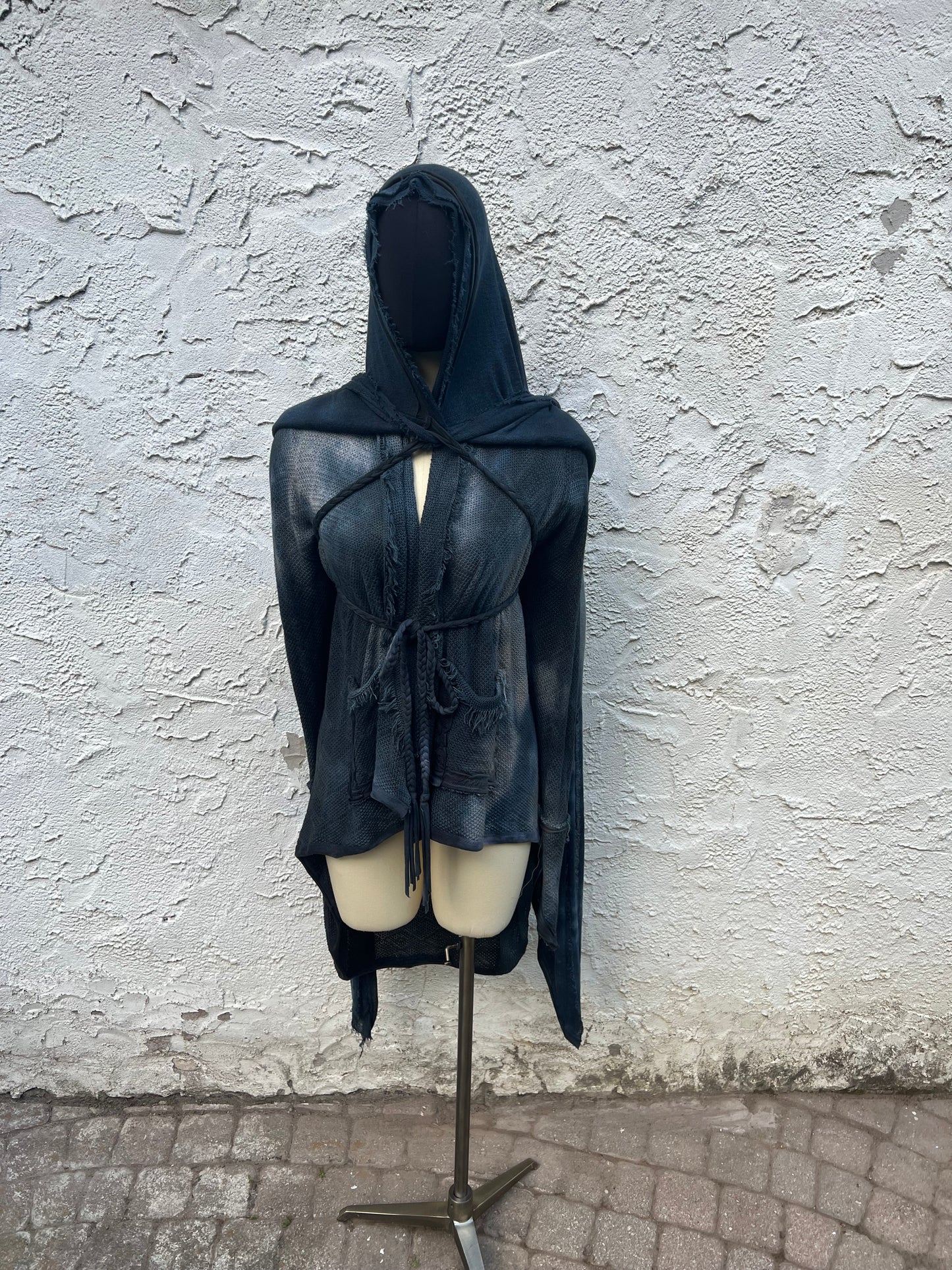 Lore Hooded Shawl Linen Sweaterknit Slate Colorway OOAK