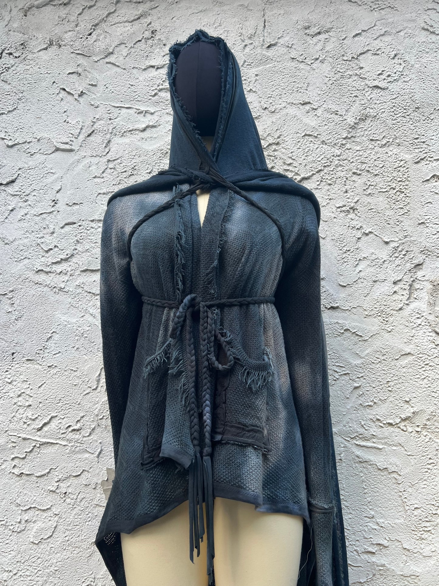 Lore Hooded Shawl Linen Sweaterknit Slate Colorway OOAK